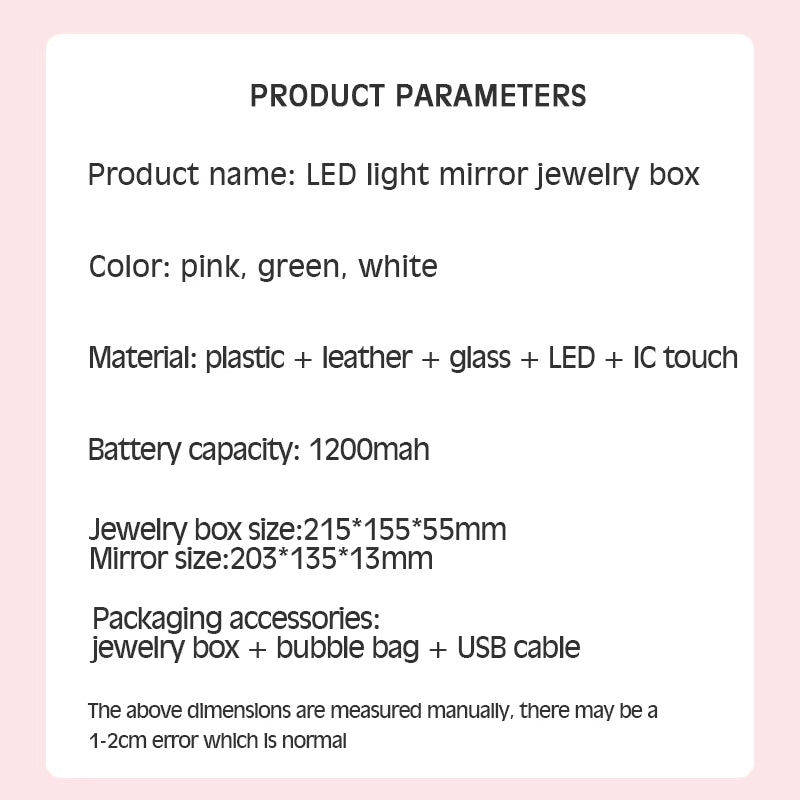 Cosmetic Box Leather Portable Travel Waterproof Luxury Makeup Mirror Jewelry Box with LED Light and Mirror