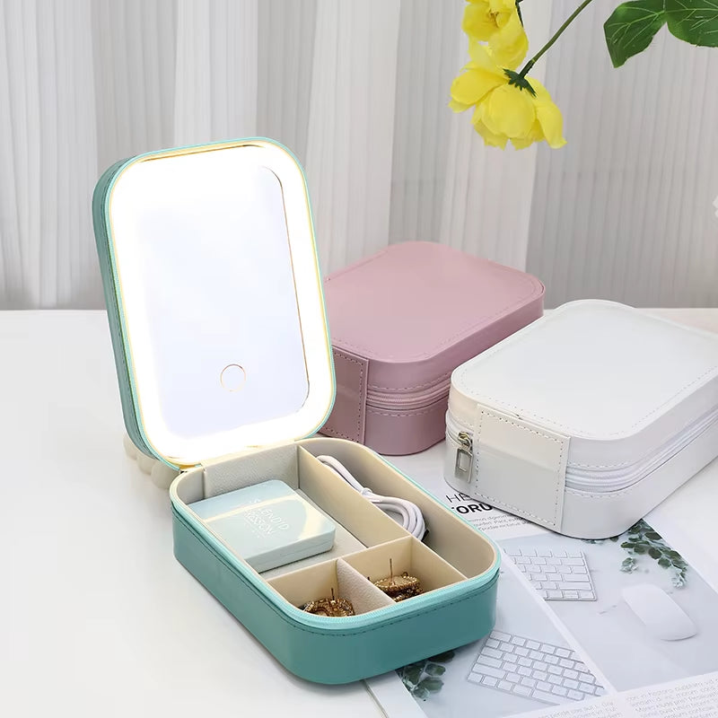 Cosmetic Box Leather Portable Travel Waterproof Luxury Makeup Mirror Jewelry Box with LED Light and Mirror