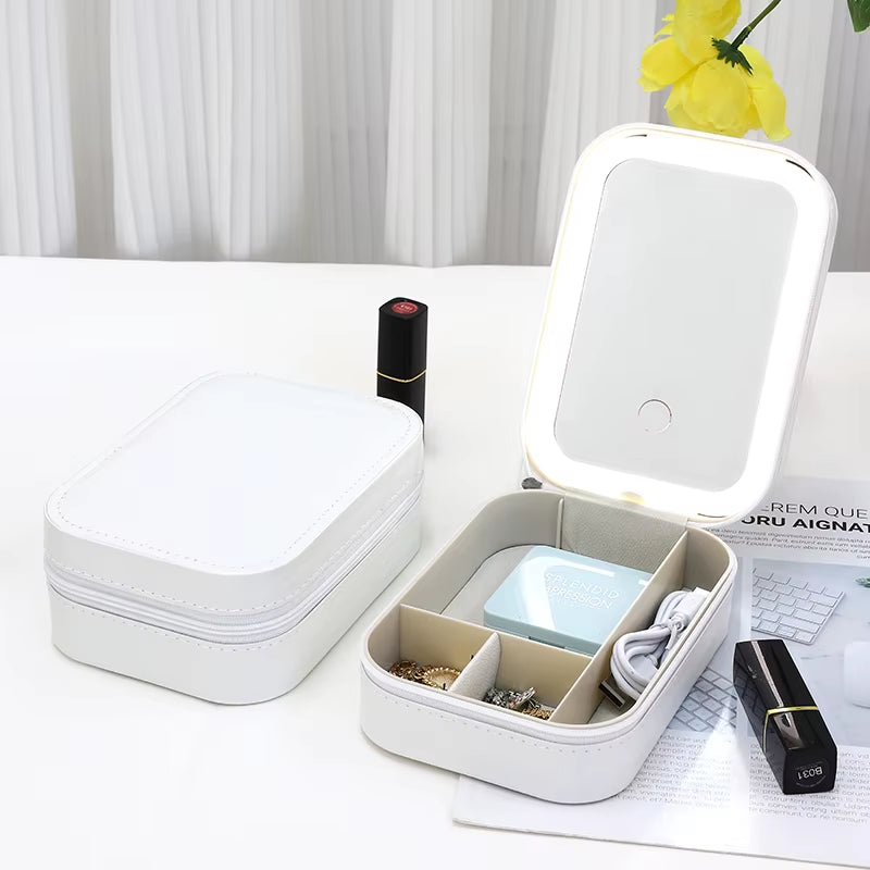 Cosmetic Box Leather Portable Travel Waterproof Luxury Makeup Mirror Jewelry Box with LED Light and Mirror