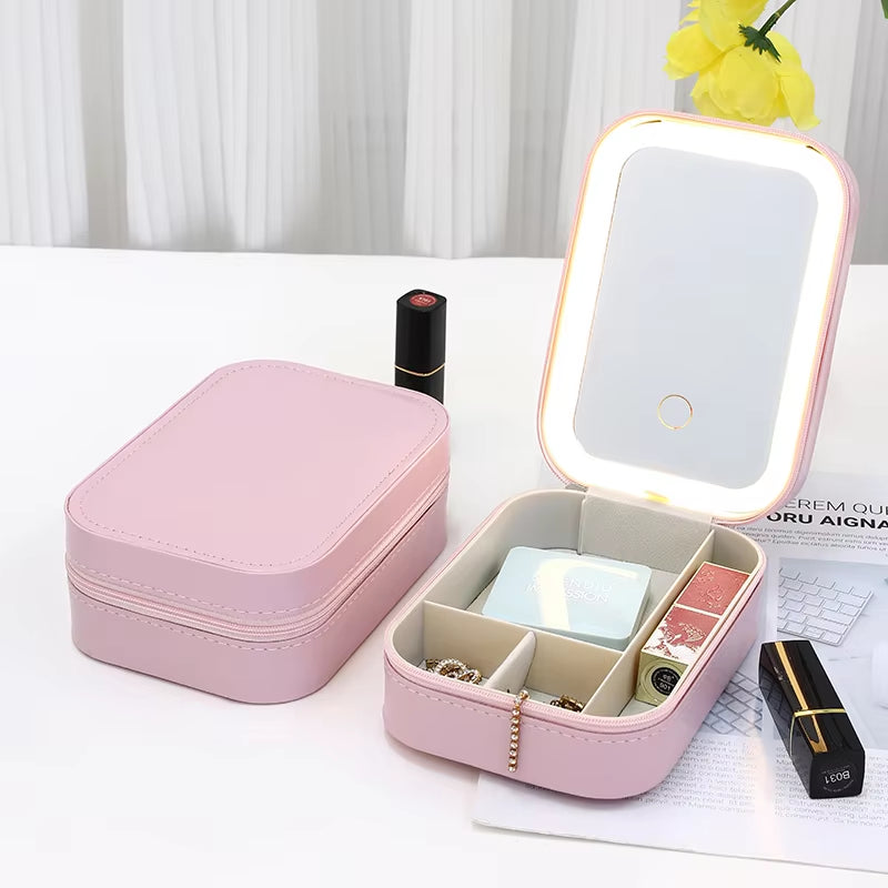 Cosmetic Box Leather Portable Travel Waterproof Luxury Makeup Mirror Jewelry Box with LED Light and Mirror