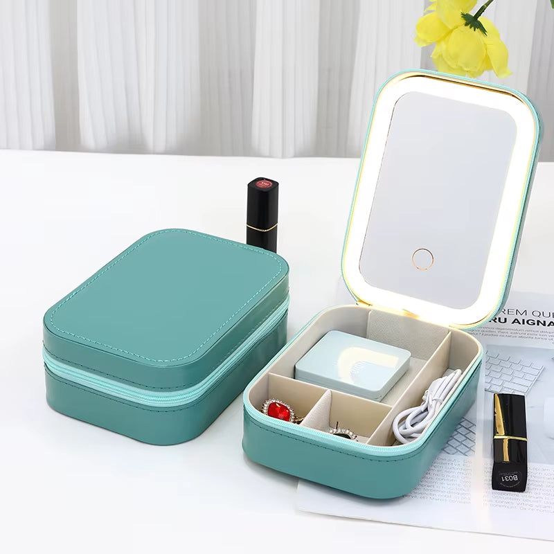 Cosmetic Box Leather Portable Travel Waterproof Luxury Makeup Mirror Jewelry Box with LED Light and Mirror