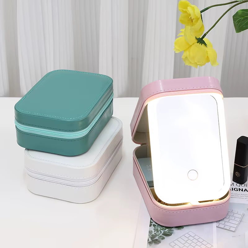 Cosmetic Box Leather Portable Travel Waterproof Luxury Makeup Mirror Jewelry Box with LED Light and Mirror